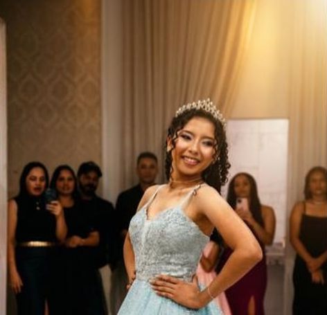 Debutante de vestido completo na festa com convidados