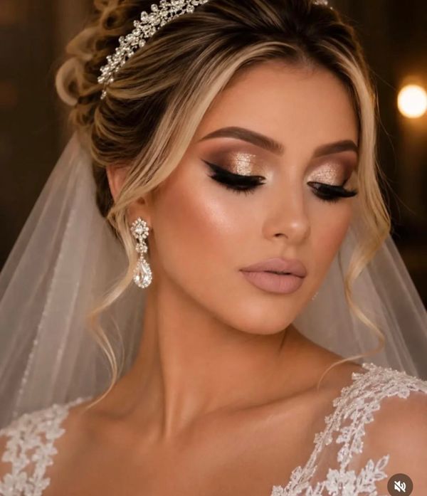 Close da maquiagem e penteado da noiva com véu e tiara