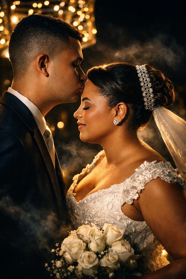 Noivo beijando a testa da noiva sob luzes douradas